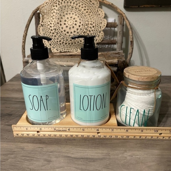 Rae Dunn Pump SOAP & LOTION on Wood Tray and CLEAN Cotton Pads Glass Jar Bundle - Picture 12 of 12